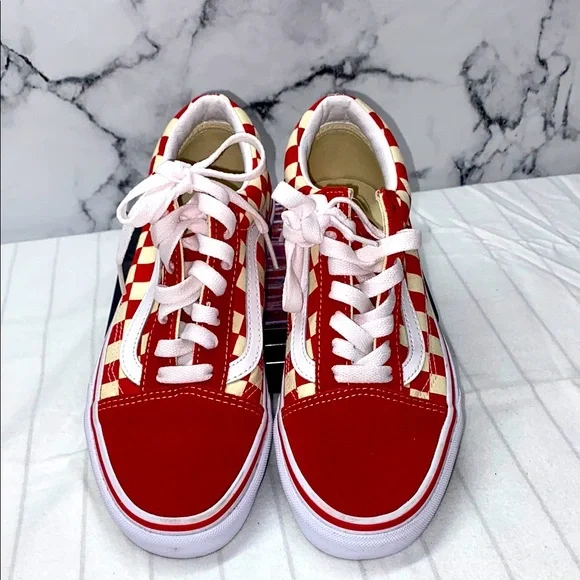 Vans Old Skool Checkerboard Racing Red Checkered Sneakers, Size 5.0 - Picture 1 of 9